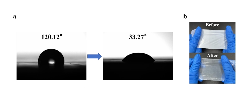 Low temperature plasma treatment of nanoporous polyethylene film (nanoPE) enhances hydrophilicity